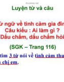 Bài giảng môn Tiếng Việt lớp 2 năm học 2020-2021 - Tuần 14: Luyện từ và câu Từ ngữ về tình cảm gia đình. Câu kiểu: Ai làm gì? Dấu chấm, dấu chấm hỏi (Trường Tiểu học Thạch Bàn B)